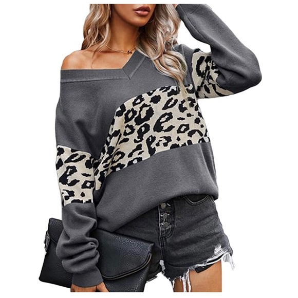 Trish Lucia Sweaters - 🆕 Women’s Grey Leopard Print V Neck Off Shoulder Sweater NWOT Size Med